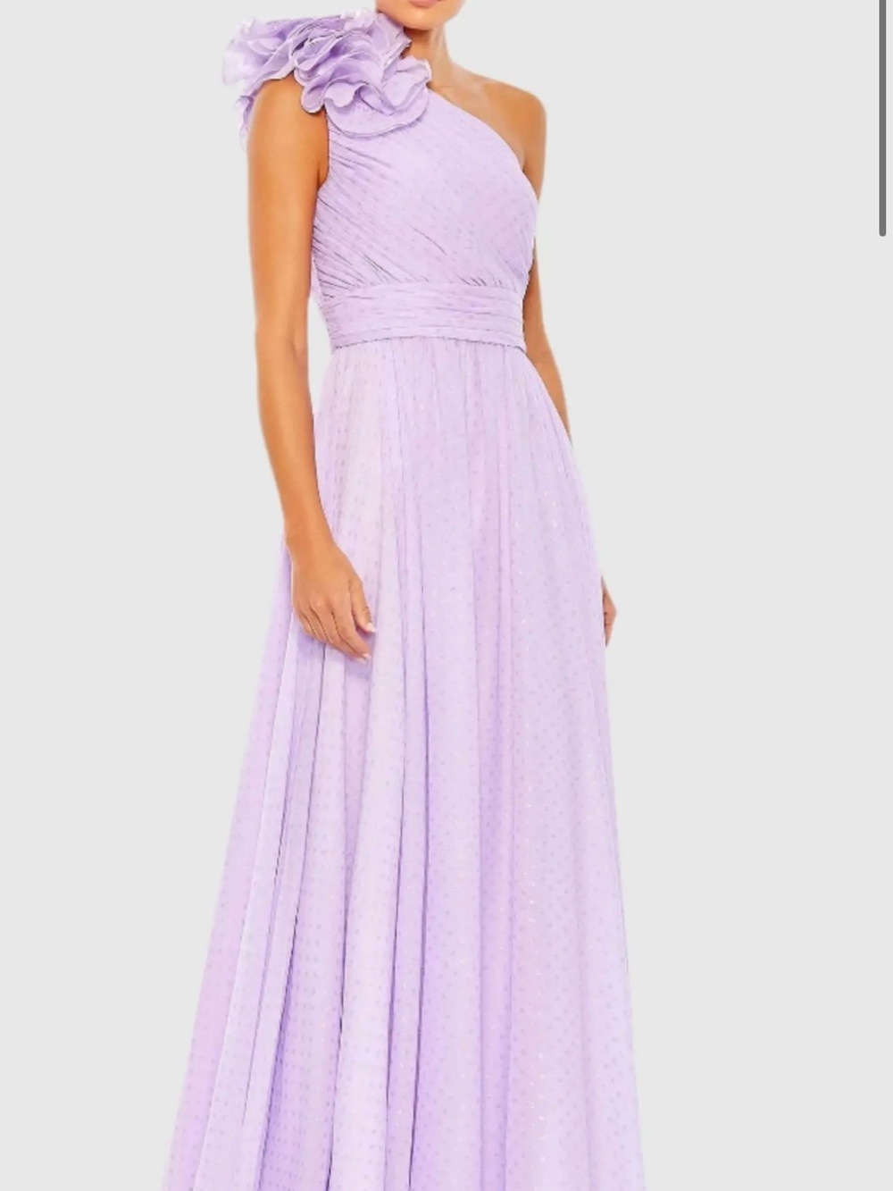 Mac Duggal One-Shoulder Lilac Ruffle-Shoulder Maxi Gown